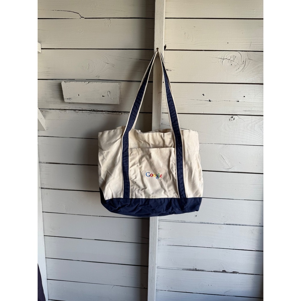 Google Canvas Tote Bag Navy Blue Cream Embroidered Logo Zip Top Tech Swag